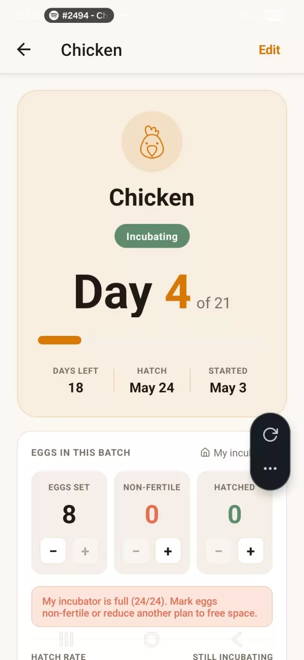 Broodi hatch details and countdown screen