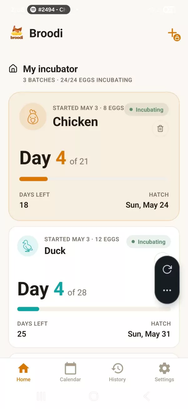 Broodi home screen showing active incubation plans