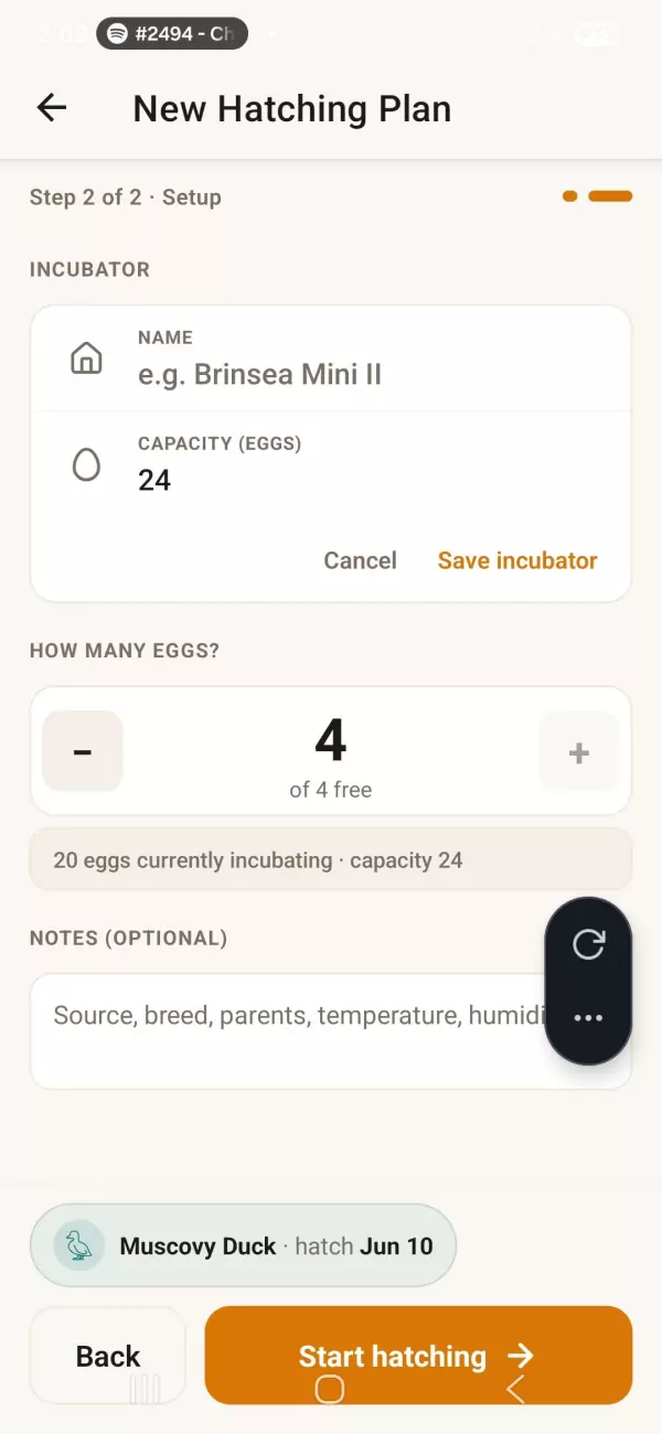 Broodi new hatch plan setup screen